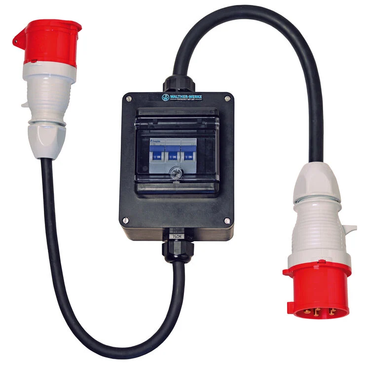 WALTHER CEE Adapter-Leitung UniBox aus Vollgummi In:16A mit Zugang: Leitung mit CEE-Stecker 32A und Abgang: Leitung mit CEE-Kupplung 16A
