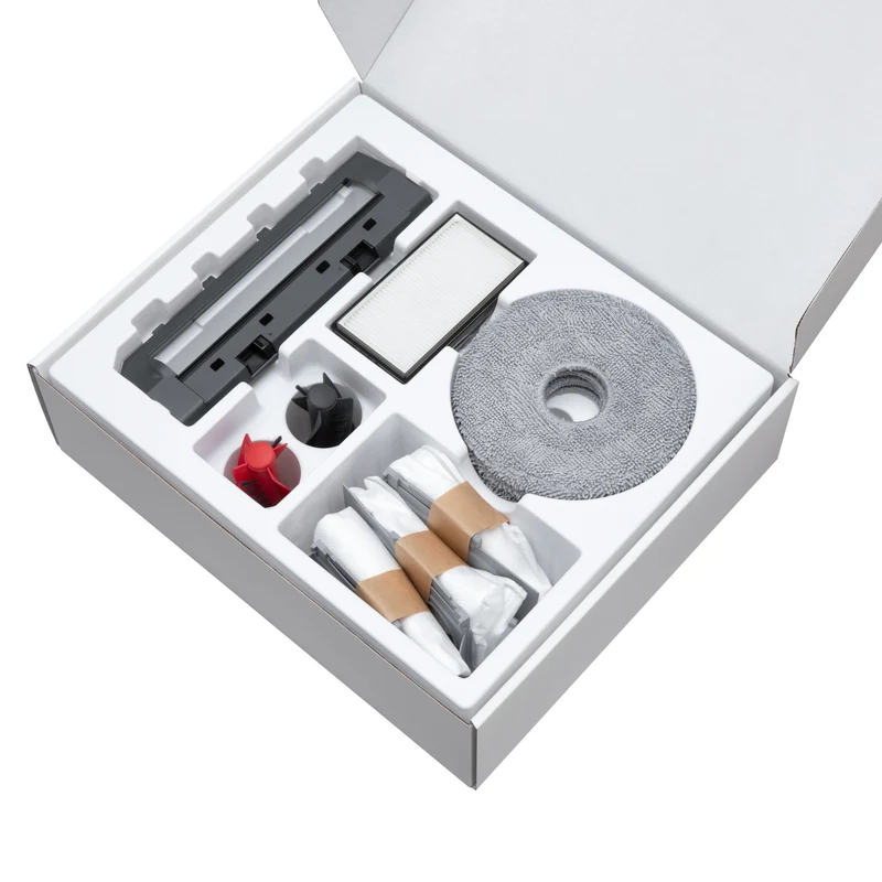 Roborock-Zubehörset für den Saros 10R, bestehend aus 4 drehbaren Wischpads, 3 Staubbeuteln, 1 Hauptbürstenabdeckung, 1 Hauptbürste, 2 Seitenbürsten und 2 Filtern