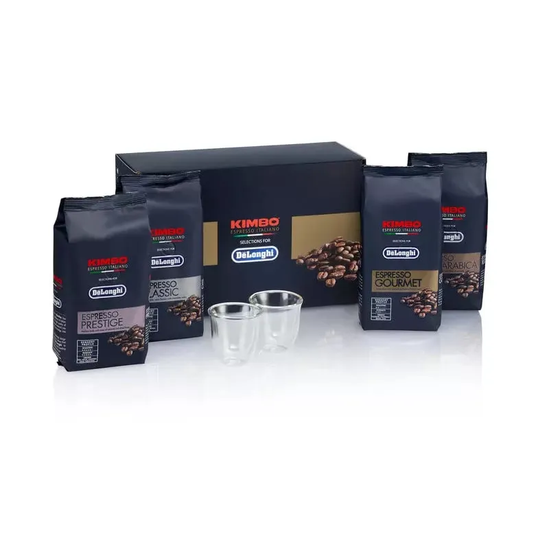DeLonghi Kaffee-Verkostungsset Kimbo 4 x 250 g und zwei Espresso-Gläser DLSC316