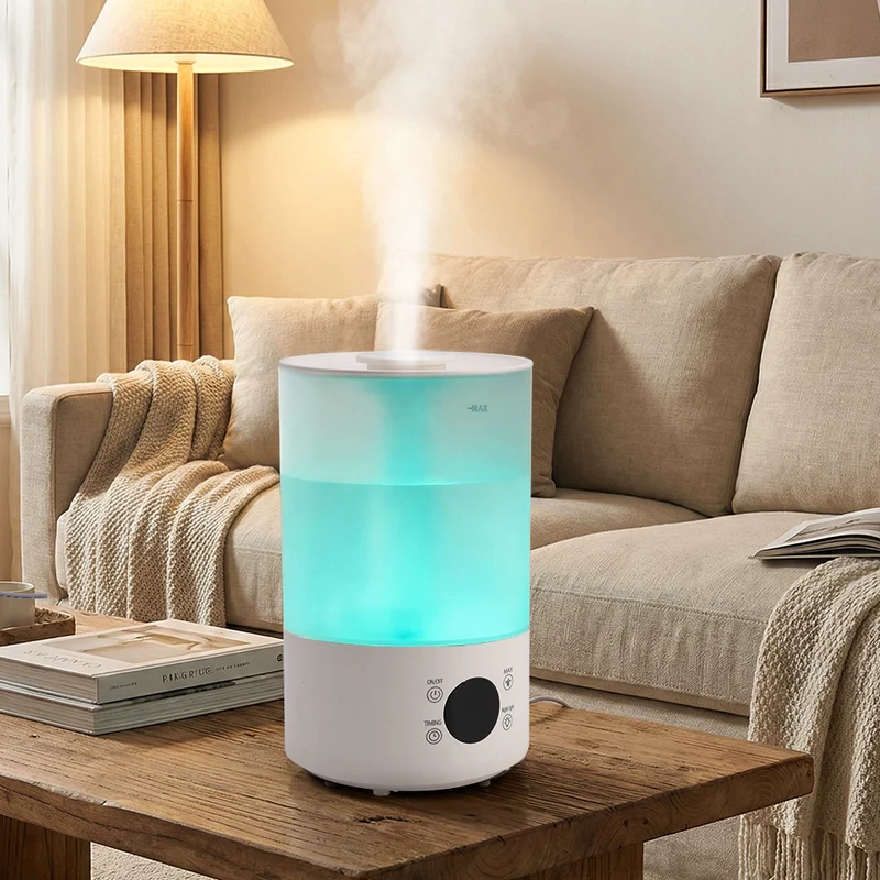 Humidificateur 4L pour chambre, bébé et plantes, silencieux, avec buse 360°, arrêt automatique et lumière colorée.