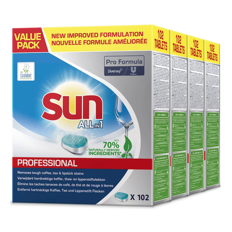Sun Professional All in 1 Tabs 4x102 Stück. Geschirrreiniger Tabs All in 1, mit integriertem Klarspüler und Salzfunktion, geeignet für Haushaltsgeschirrspüler.