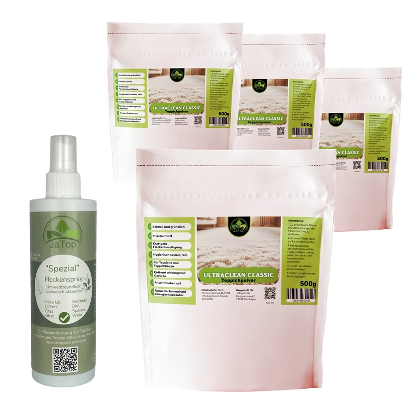 UltraClean Classic Teppichreinigungspulver, Teppichpulver 4 x 500 gr., 250ml Fleckenspray