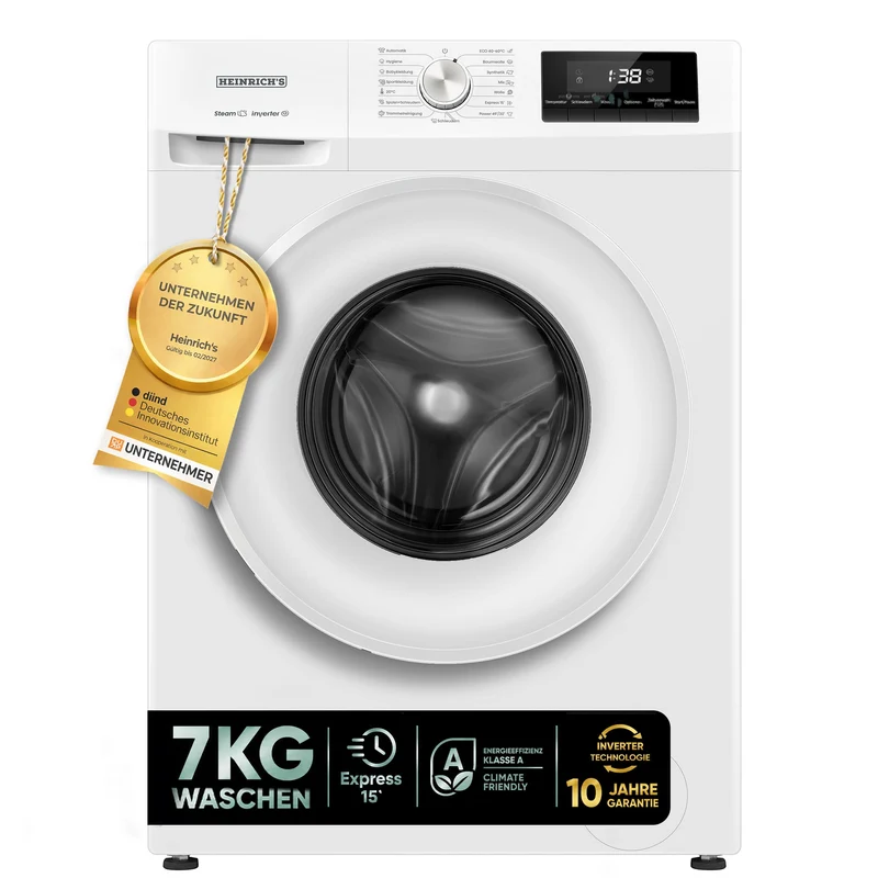 Waschmaschine 7kg, 1400 U/min, 15 Programme, Steam-Funktion, LED-Display, Inverter Motor, Energieeffizienzklasse A