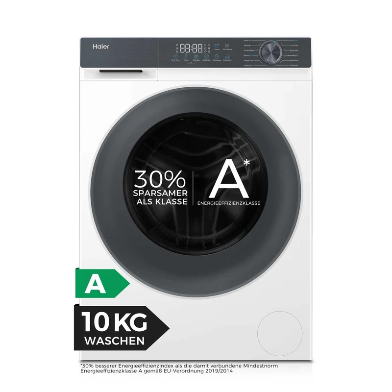 Haier Frontlader Waschmaschine 10kg A -30% | 1400 U/Min Inverter-Motor | Dampffunktion Aquastop
