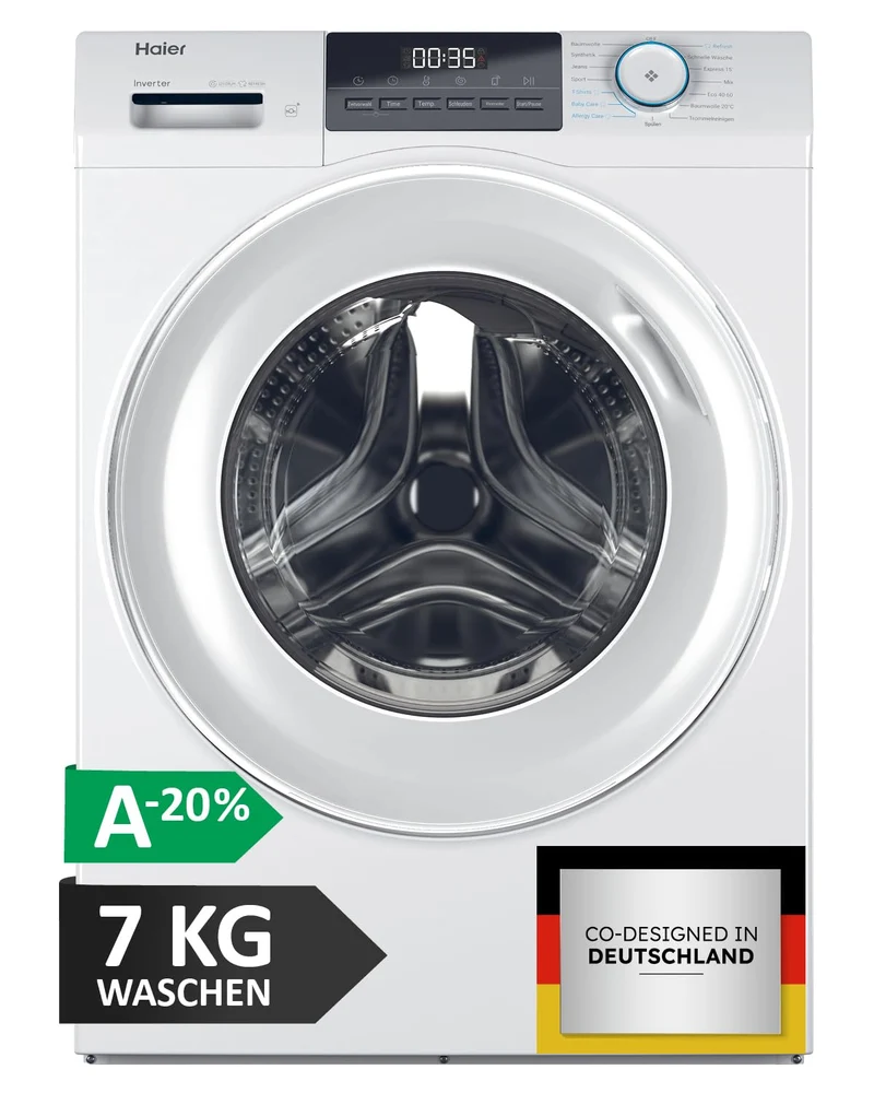 Haier Frontlader Waschmaschine 7kg A-20%, 1400 U/Min, Dampffunktion, App-Steuerung, Inverter-Motor