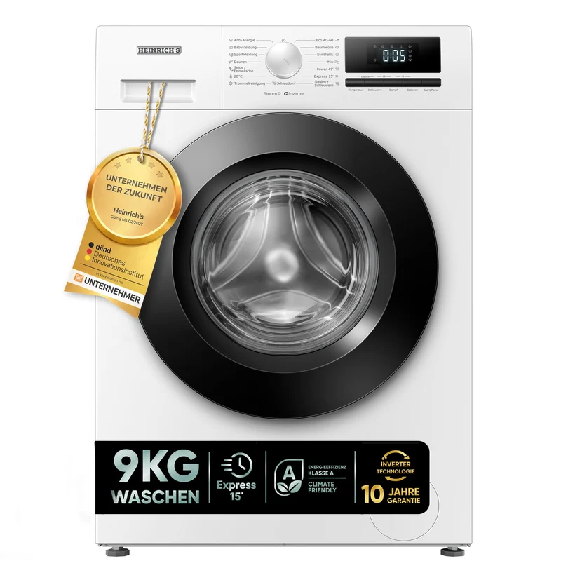 Waschmaschine 9kg mit Dampffunktion, 1400 U/min, 15 Programme, LED-Display, Inverter Motor, Energieeffizienzklasse A