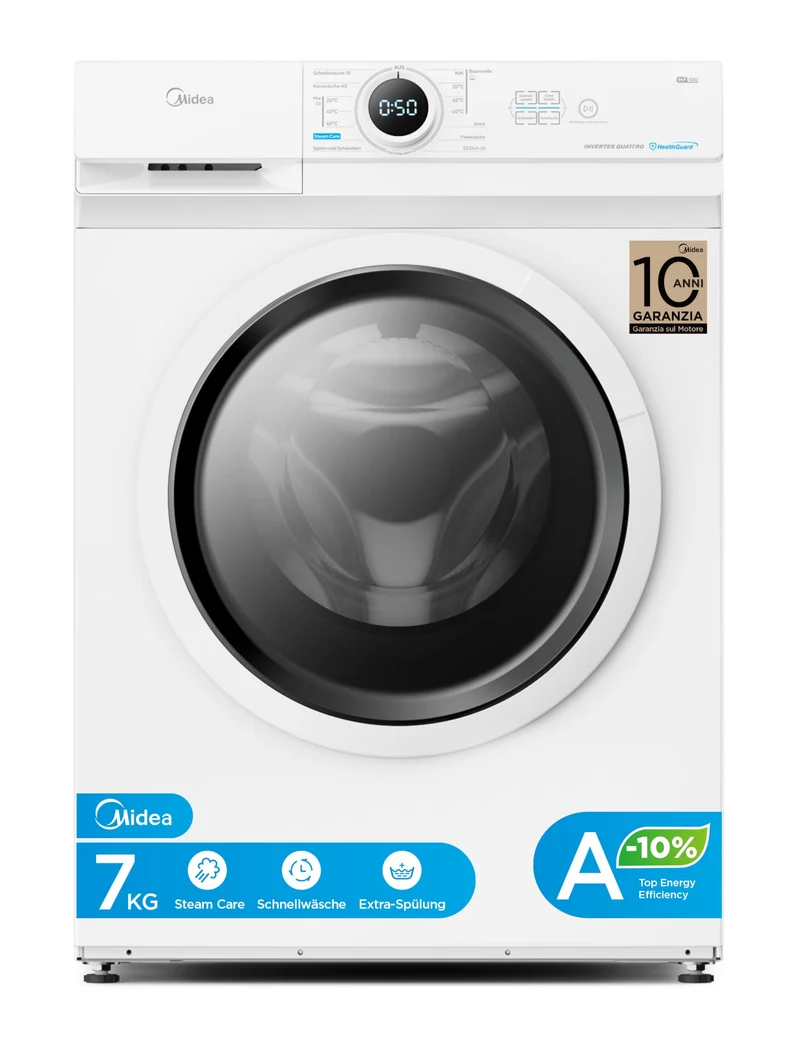 Midea MF10EW70BA10 Waschmaschine 7kg 1400 U/Min Dampffunktion A-10% Inverter Quattro Motor