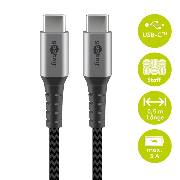 USB-C™-auf-USB-C™-Textilkabel mit Metallsteckern 0,5 m