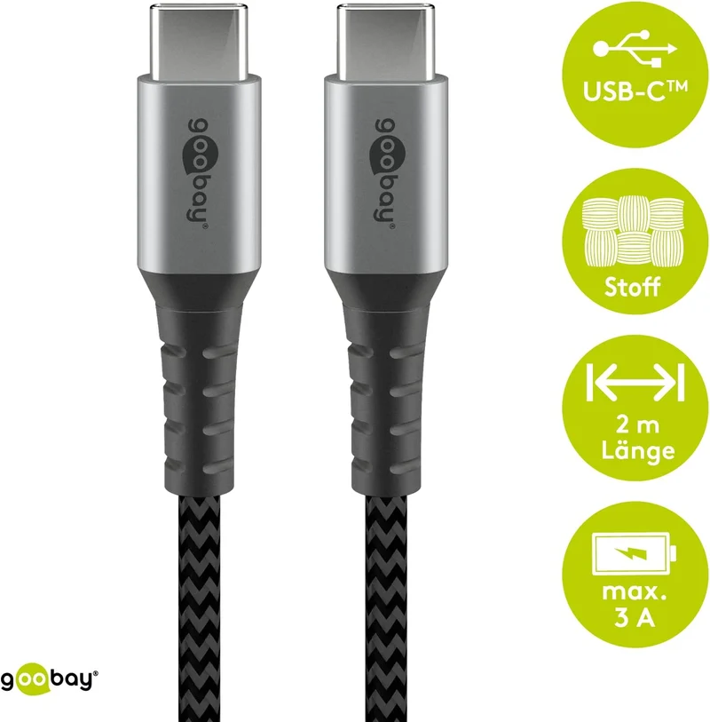 Goobay 49303 USB-C Kabel 10 Gbps – Extra Robustes Premium Textilkabel mit Metallsteckern - 2m