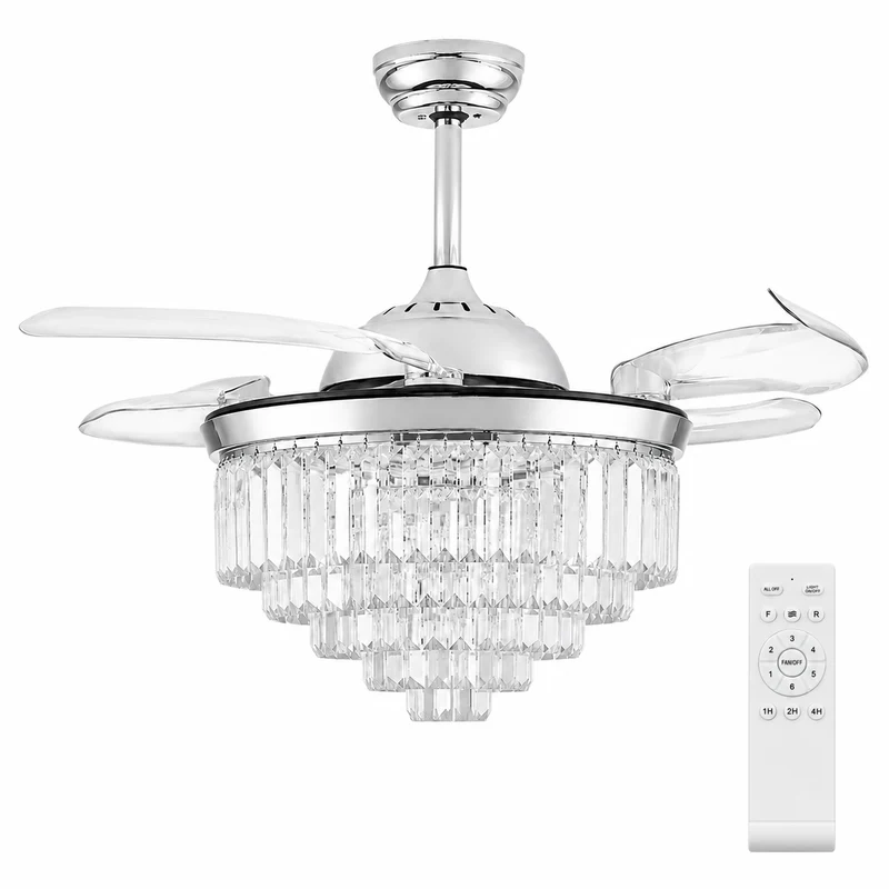 Ventilateur de Plafond Rétractable 42" avec Éclairage LED – Lustre en Cristal, 6 Vitesses, Télécommande